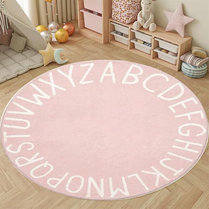 Round ABC Rug-3ft Children Education and Learning Fun Carpet, Alphabet Baby Crawling Mat,Fluffy and Comfortable Plush Floor Cushion Pink Sofa Cushion, for Playroom Classroom Decoration
