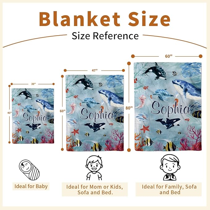 Custom Baby Blanket - Ocean Animals Theme Personalized Name Blanket for Boys Girls, Soft Infant Toddler Blanket with Whale and Dolphin, Customizable Nursery Bedding (60" x80)