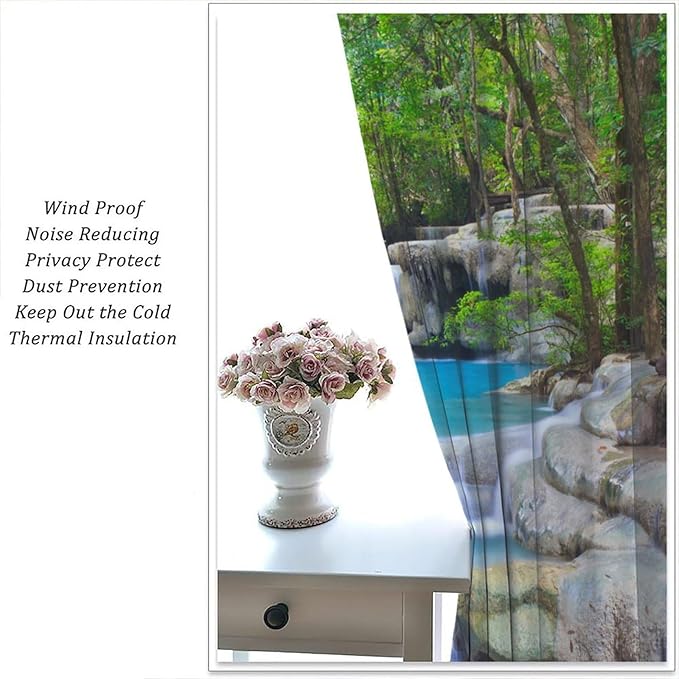 Forest Waterfall Blackout Curtains, Spring Nature Theme Natural Scenery Mountain Scenery Rod Pocket Window Drapes, for Bedroom Living Room 55" W X 63" L