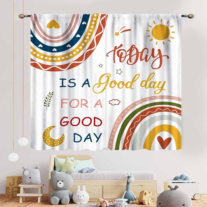 Rainbow Curtains for Classroom, Kids Girls Baby Boho Cute Inspirational Motivational Quotes Cartoon Colorful Pastel Nursery Classroom Bedroom Living Room Bathroom Window Drapes 2 Panels, 52"x84" Inch