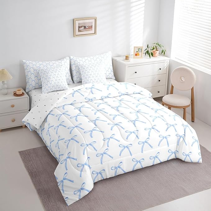7 Pieces Cartoon Bowknot Kids Comforter Queen Size,Bow Tie Knot Geometric Patchwork Fashion Bedding Set,Hand-painted Sketch Blue Noble（Comforter+Fitted+Flat+2 Pillowcases+2 Throw Pillow Covers）