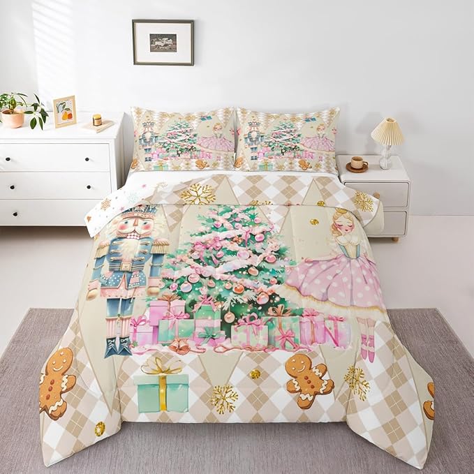 jejeloiu Christmas Nutcracker Comforter Set Full Size Gingerbread Man Bedding Set for Kids Boys Girls Xmas Tree Duvet Quilt Beige Bedroom Decor