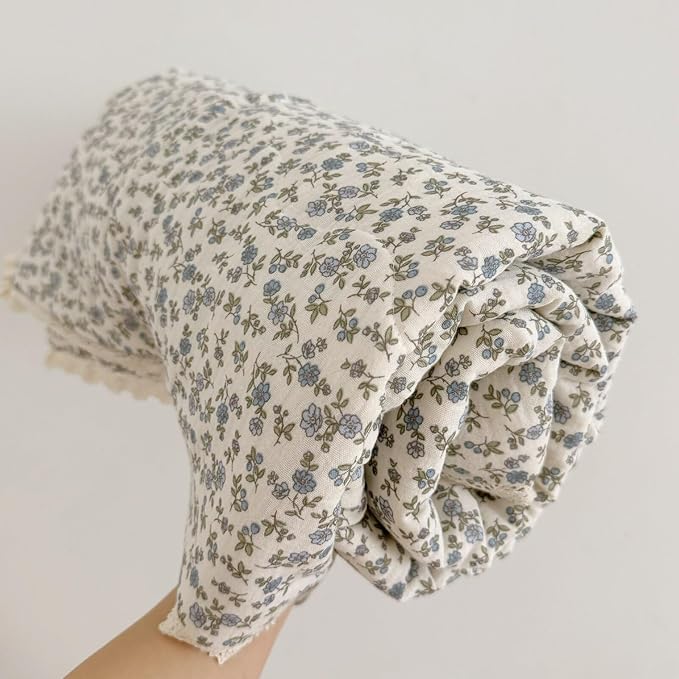 BuLuTu Blue Flower Design Toddler Blanket for Girls Boys Chic Shabby Floral Crib Quilt Soft Lightweight Gauze Cotton Toddler Comforter, All Seasons, Blue Floral Pattern, 60x78 Inches