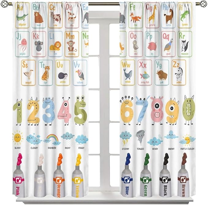 Alphabet Learning Curtain for Kids, Colorful Cartoon Animal Multiplication Table Educational, Classroom Child Printed Rod Pocket Blackout Window Drapes for Bedroom Living Room 63" W X 63" L