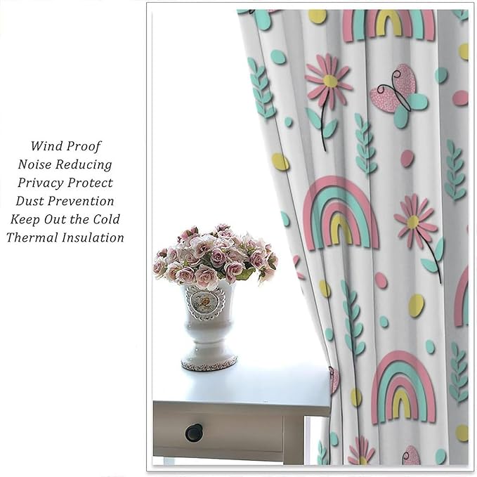 Kids Rainbow Curtains Boho Cartoon Colorful Stars Love Heart Lovely Abstract Art Pattern Print Window Drapes for Girl Bedroom Living Room Kitchen Decor,2 Panel Set,52Wx84H Inch Blackout