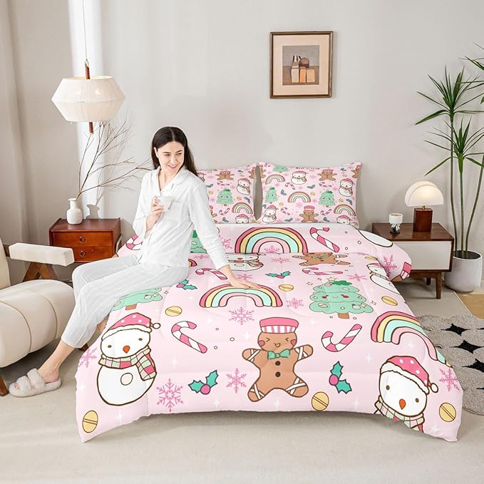 Feelyou Christmas Kids Comforter Set Toddler Size Merry Christmas Tree and Snowman Bedding Set Gingerbread Man Duvet Quilt for Kids Boys Girls Bedroom Rainbow Print Decor Snowflake Soft Breathable