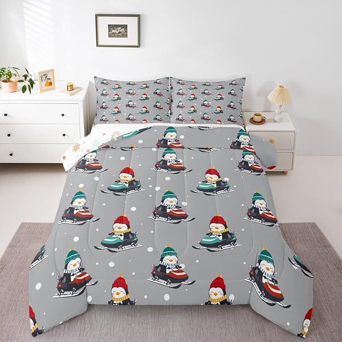 Feelyou Christmas Comforter Set All Season Gray Penguin Bedding Set with 1 Pillow Cases Cartoon Penguin Skiing Microfiber Kids Twin Bedclothes Snowflake Bedroom Decor Duvet Quilt Breathable Soft