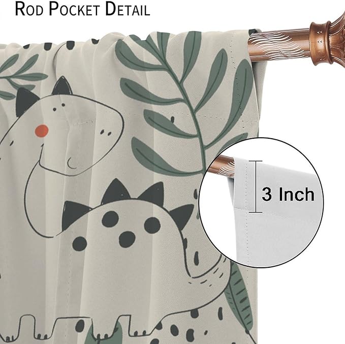 Funny Dinosaur Curtains, Jungle Cute Cartoon Animals Tropical Leaves Plant Beige Green Print Blackout Window Treatments for Kids Boys Girls Bedroom Living Room 63x72in
