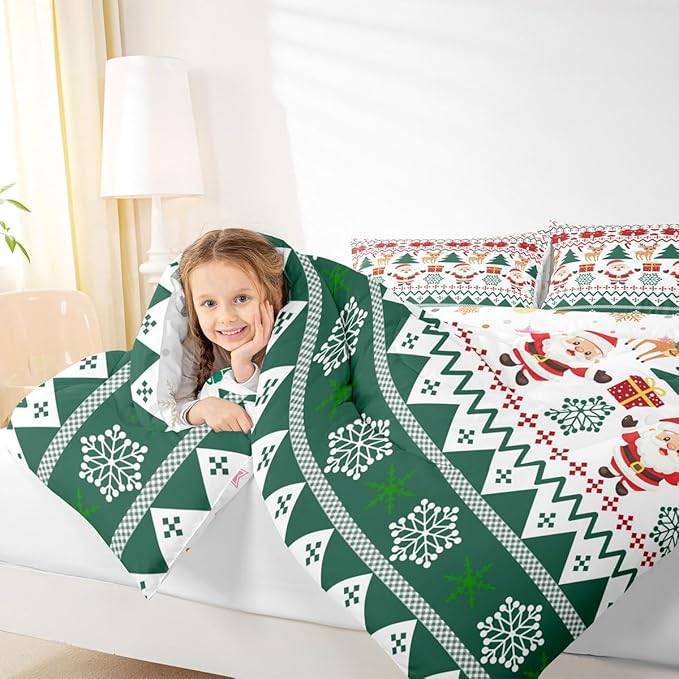 Feelyou Merry Christmas Kids Comforter Set Full Size Santa Claus Bedding Set Cute Deer Duvet Quilt for Kids Boys Girls Bedroom Snowflake Decor Microfiber Ultra Soft Breathable