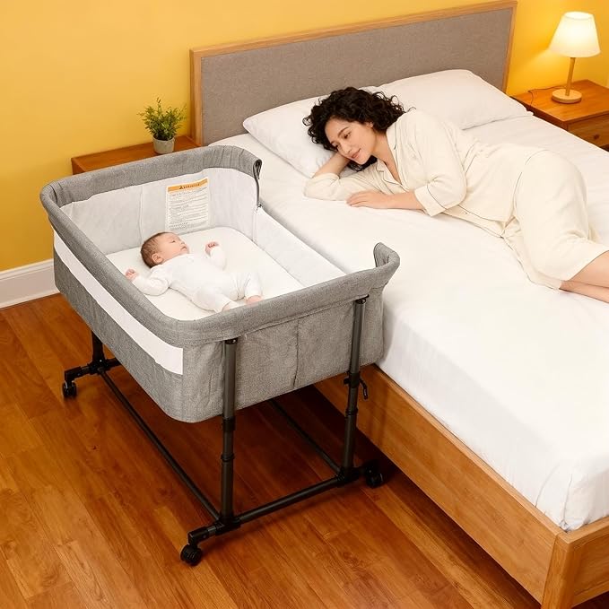 MTWML Twin Bassinet for 2 Babies,Portable Twins Crib with Storage Bag and Replaceable Mattress Cover,Adjustable Height Double Bedside Crib Attaches to Bed with Strap for 0-6 Months (Deep Grey)