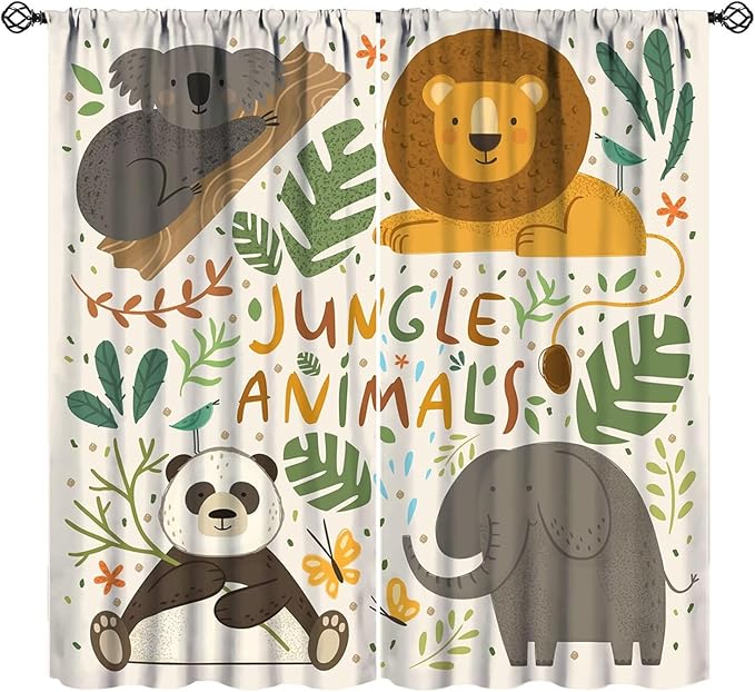 Jungle Animals Curtains Colorful Cute Cartoon Forest Animal Lion Elephant Koala Panda Leaves Kids Bedroom Nursery Bathroom Decor Rod Pocket Blackout 2 Panels 84x84in