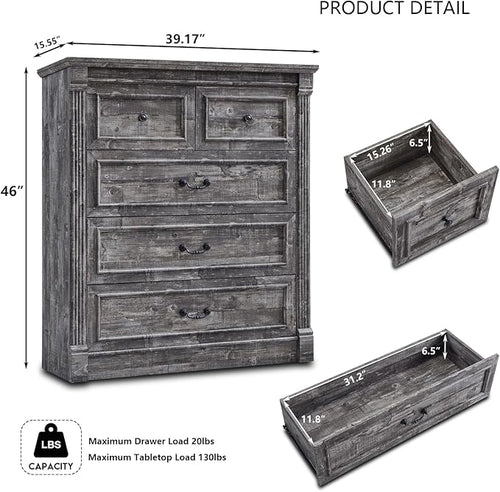5 Drawers Dresser for Bedroom, Farmhouse 46" Tall Dressers & Chests of Drawers w/Roman Column, Wood Rustic Closet Dresser w/Two Different Drawer Sizes for Bedroom, Living Room, Light Grey