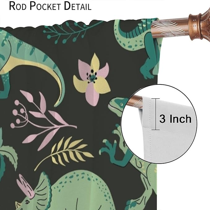 Dinosaurs Blackout Curtains Cartoon Cute Funny Dino Tropical Jungle Green Art Print for Kids Boys Bedroom Living Room Rod Pocket Decoration Window Drapes 2 Panels W21xL45in
