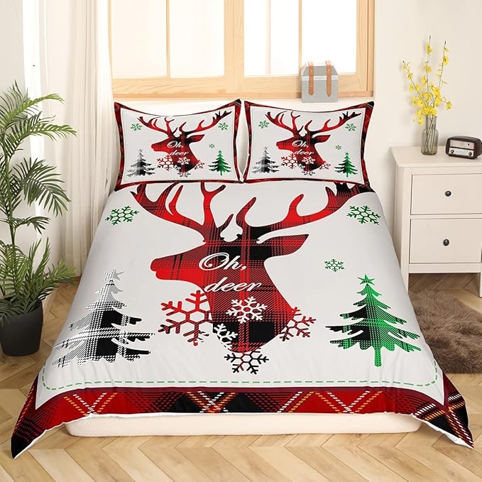 Manfei Xmas Deer Duvet Cover Set King Size, Christmas Tree Snowflake Print Comforter Cover with 2 Pillowcases, New Year Theme Bedding Set 3pcs for Kids Boys Girls Bedroom Decor,No Comforter