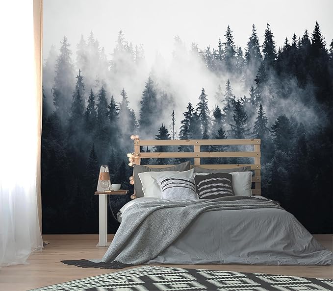 XMPMBM-Misty Forest Fabric Wallpaper Pine Forest Living Room Bedroom Bathroom Wall Mural-W 88" X H 59"（36 Square Foot）