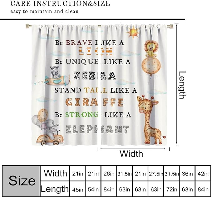 Cartoon Animals Curtains, Cute Jungle Animal Zebra Elephant Lion Giraffe Blackout Window Treatments, Rod Pocket Thermal Insulated Drapes 2 Panel Sets for Kids Bedroom Nursery Classroom, 63"W X 72"L