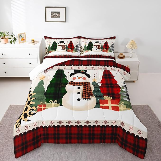Manfei Snowman Comforter Set Twin Size, Xmas Leopard Plaid Trees Snowflake Down Comforter with 1 Pillowcase, Christmas Theme Bedding Set 2pcs for Kids Girl Bedroom Decor New Year Duvet Insert