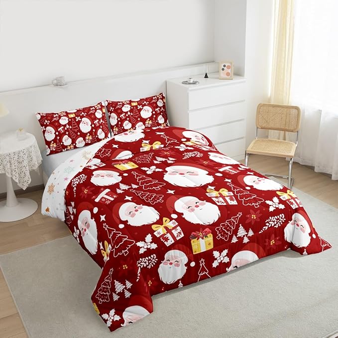 jejeloiu Santa Claus Comforter Set King Size Merry Christmas Bedding Set for Kids Boys Girls Xmas Themed Duvet Quilt Red Bedroom Decor