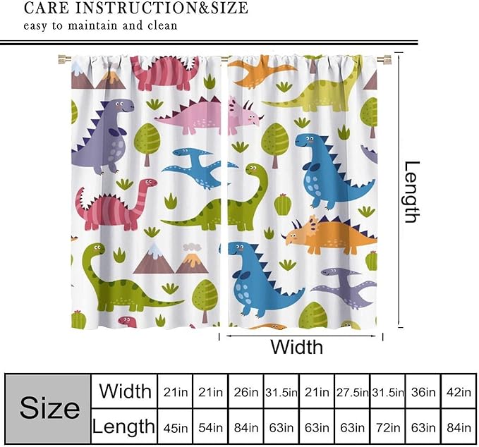 Dino Curtains, Cartoon Style Colorful Dinosaurs Pattern Blackout Window Treatments, Rod Pocket Thermal Insulated Drapes 2 Panel Sets for Kids Bedroom Nursery Classroom, 63" W X 63" L