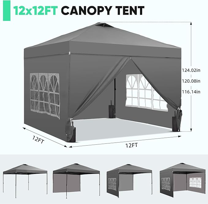 GDY 12x12 Pop Up Canopy Tent with 4 Sidewalls, Easy Set up with One Push Lift Outdoor Silver Coated Beach Gazebos, Carpas for Pool, Events, Parties, and Camping, Gray.