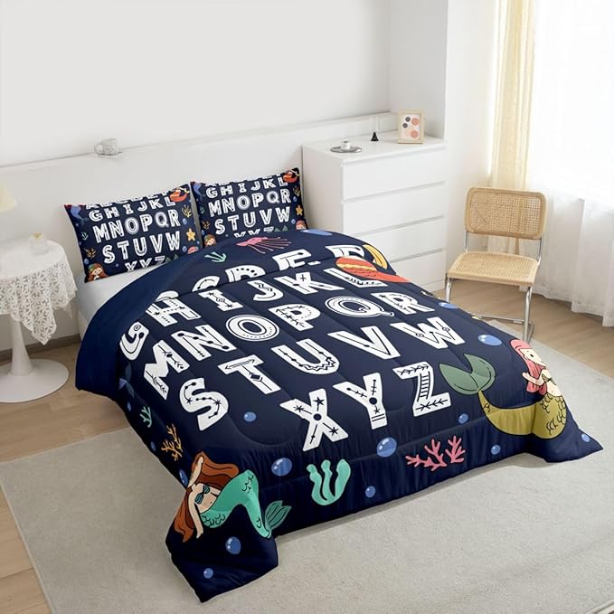Feelyou Alphabet Kids ABC Learning Bedding Set for Boys Girls, Cute Mermaid Comforter Set Toddler Size Educational Nursery Art Duvet Quilt Microfiber Sealife Bedroom Decor 2 Pcs with 1 Pillow Cases