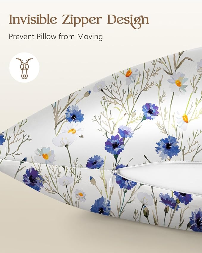 Silk Pillowcase 2 Pack - Pillow Cases 20" x 36" King Size Set of 2 for Hair and Skin Smooth Soft Breathable with Hidden Zipper Cooling Pillow Covers for Sleeping, Blue Daisy