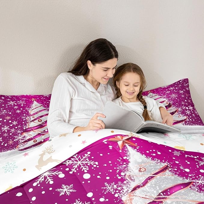 Feelyou Merry Christmas Bedding Set Soft for Boys Girls, Christmas Tree Comforter Set King Size Snowflake Duvet Quilt Microfiber Winter Bedroom Decor 3 Pcs with 2 Pillow Cases