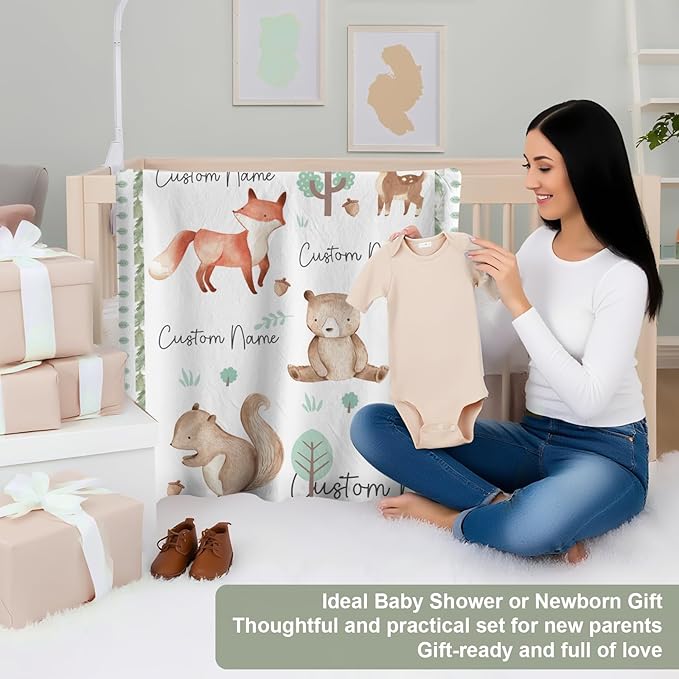 Personalized Baby Crib Bedding Set,3 Piece Custom Name Nursery Set with Blanket, Fitted Sheet & Pillowcase for Baby Girls & Boys, Forest Buddies Theme(Fixed Size)