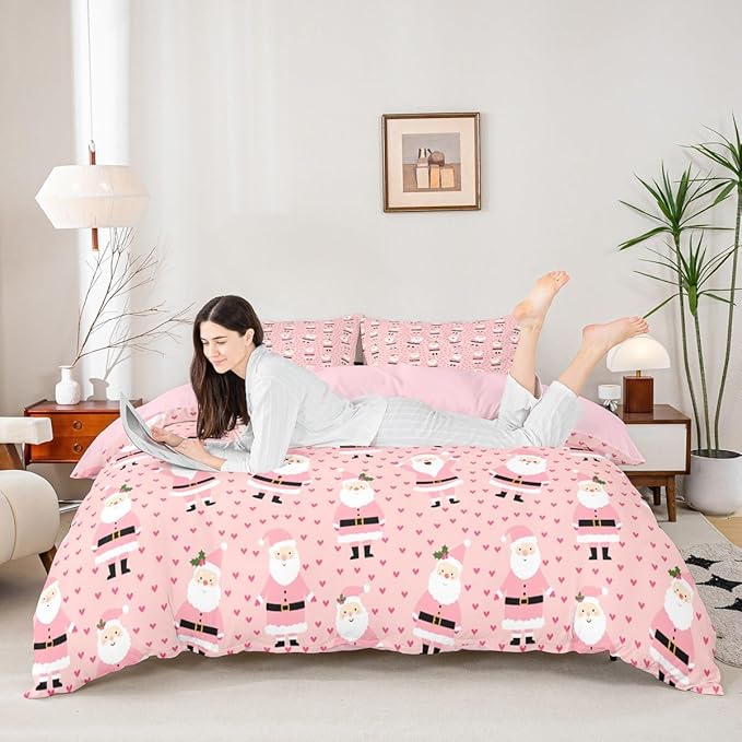Feelyou Christmas Bedding Set for Kids Boys Girls Cute Santa Claus Comforter Cover Set Cartoon Xmas Theme Duvet Cover Bedroom Decor Pink Dreamy Heart Bedspread Cover Full Size Bedding Collection 3Pcs