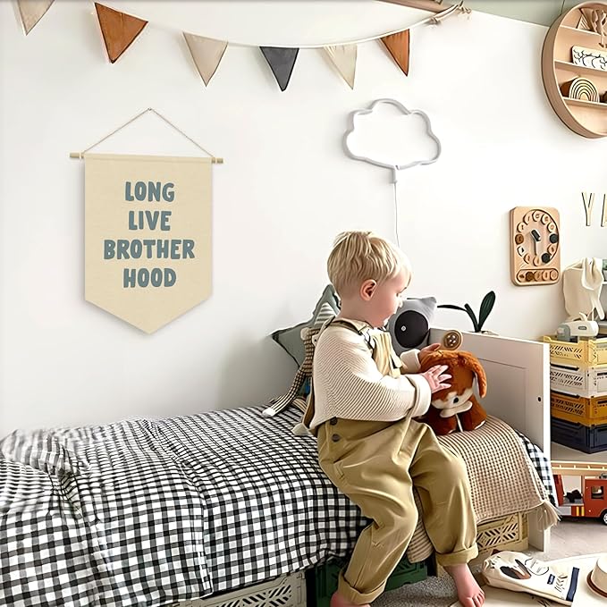 Long Live Brother Hood Banner Blue Decor Boy Room Decor,Nursery Playroom Wall Decor For Boys Bedroom Toddler Decorations Teen Boy Room Decor, Wall Hanging Pennant Flag Banner 15x11in