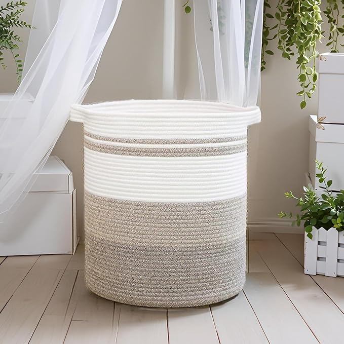 laundry hamper 18x18x20,80L – large basket for blankets, toy basket,Cotton Rope Blanket Basket Living Room, Baby Laundry hamper for Blanket, Nursery, –stuffed animal storage ( Triple brown)