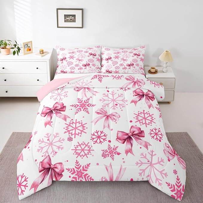 Cute Bow Tie Kids Bedding Set Queen Size,Girly Bowknot Snowflake Dots Comforter Set,Merry Christmas Winter Princess Quilt Comforter,Pink White Bedroom Duvet Insert,2 Pillowcases