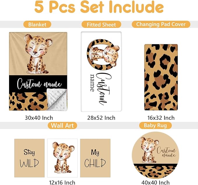 Personalized Toddler Bedding Set, 5 Pcs Custom Name Crib Bedding Set for Boys Girls, Brown Leopard Flannel Baby Bedding Set, Double Layer Baby Crib Set, Customized Gifts for Newborns Infants