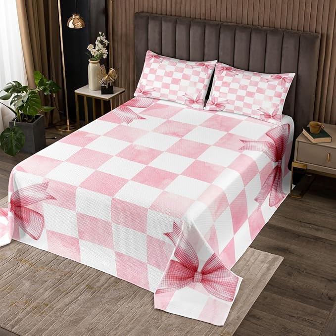 Pink Bowknot Kids Bedspread King Size,Geometric Grid Checkered Patchwork Fashion Coverlet Set,Girls Women Room Decor,Bow Tie Knot Princess Quilted Coverlet,Chic Unique Bedding Quilt,2 Pillowcases