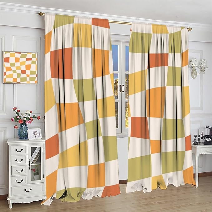 Orange Checkered Curtains,70s Vintage Twisted Checkered Window Drapes Colorful Groovy Trendy Wavy Hippie Grid Print Window Treatments for Kids Girls Bedroom Living Room Bathroom 42"W X 45"L