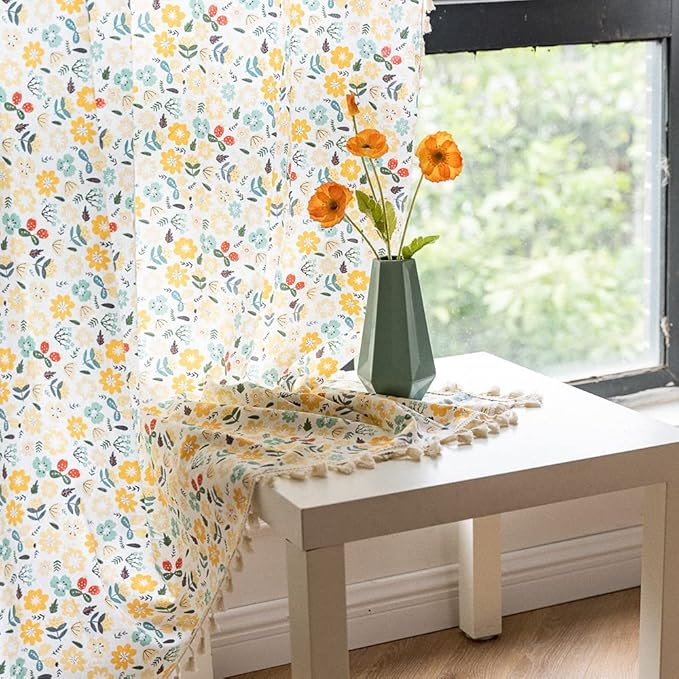 Floral Curtains 63 Inch Length 2 Panels Tassel Boho Semi-Sheer Drapes Bedroom Living Room Farmhouse Short Rustic Country Yellow Green Flower Rod Pocket Cotton Linen Blend Window Curtain Panel