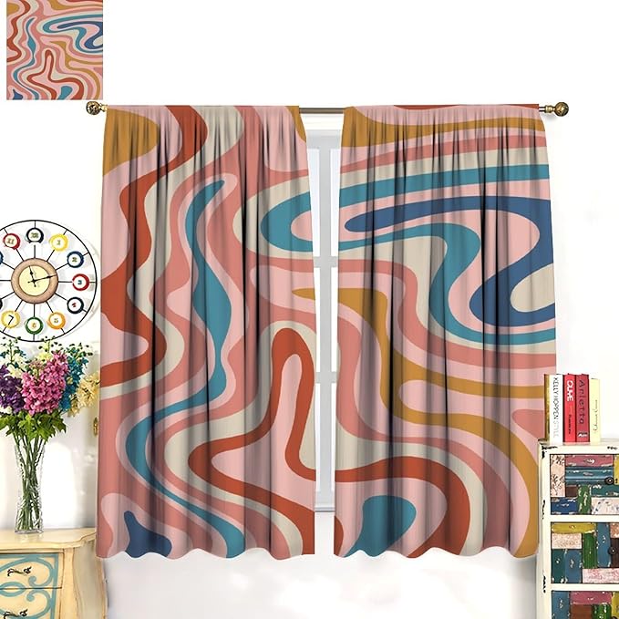 70S Abstract Wavy Swirl Curtain for Bedroom Windows,Retro Boho Minimal Teen Girls Kids Living Room Restroom Window Treatments Drapes 42" W X 45" L