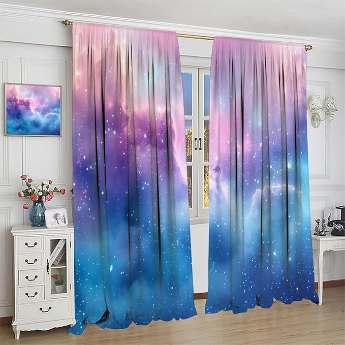 Starry Sky Galaxy Curtains, Outer Space Glitter Dreamy Gradient Romantic Blackout Window Curtains Drapes for Kids Girls Boys Adults Bedroom Nursery 55" W X 63" L