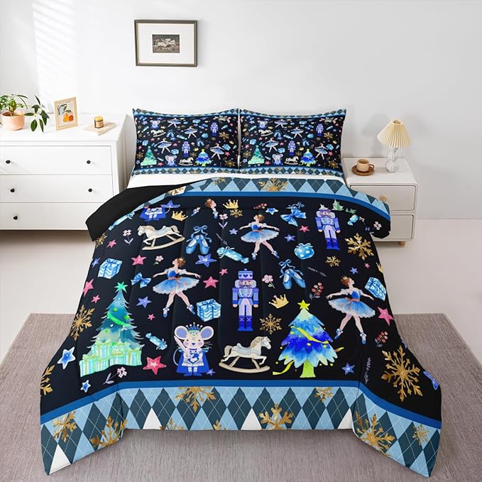 Feelyou Merry Christmas Kids Comforter Set King Size Ballet Nutcracker Bedding Set Snowflake Duvet Quilt for Kids Boys Girls Bedroom Decor Microfiber Ultra Soft Breathable