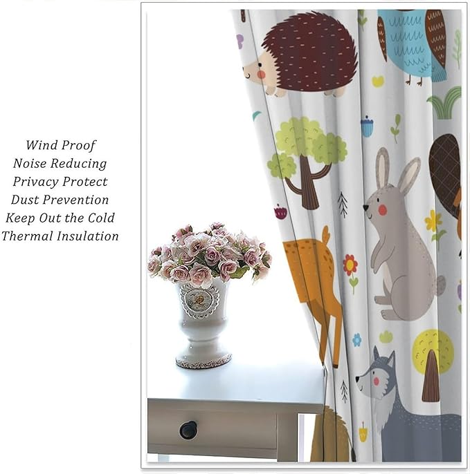 Forest Animals Kids Blackout Curtains Cartoon Cute Bear Deer Squirrel Owl Hedgehog Modern Art Print for Boys Girls Bedroom Living Room Nursery Rod Pocket Decoration Window Drapes 2 Panels W36xL63in