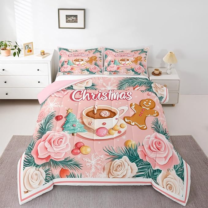 Feelyou Christmas Tree Comforter Set All Season Gingerbread Man Bedding Set with 2 Pillow Cases Merry Christmas Microfiber Kids King Bedclothes Xmas Bedroom Decor Duvet Quilt Soft Lightweight