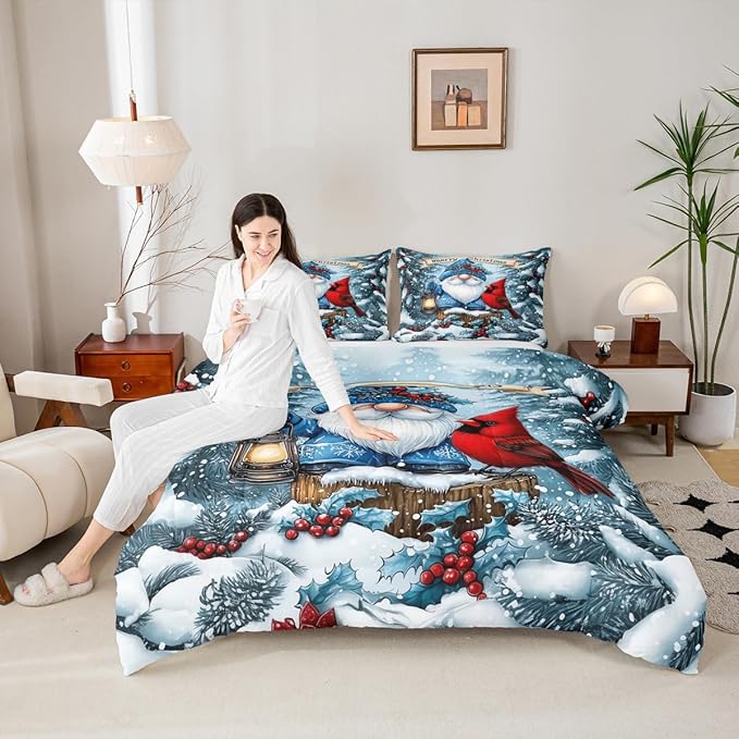 Santa Claus Kid Comforter Set Queen Size,Poinsettia Cardinal Christmas Bedding Set,Girl Boy Room Decor,Holly Berry Winter Snowflake Quilt Comforter,Blue Red Duvet Set Bedroom Quilt Set,2 Pillowcases