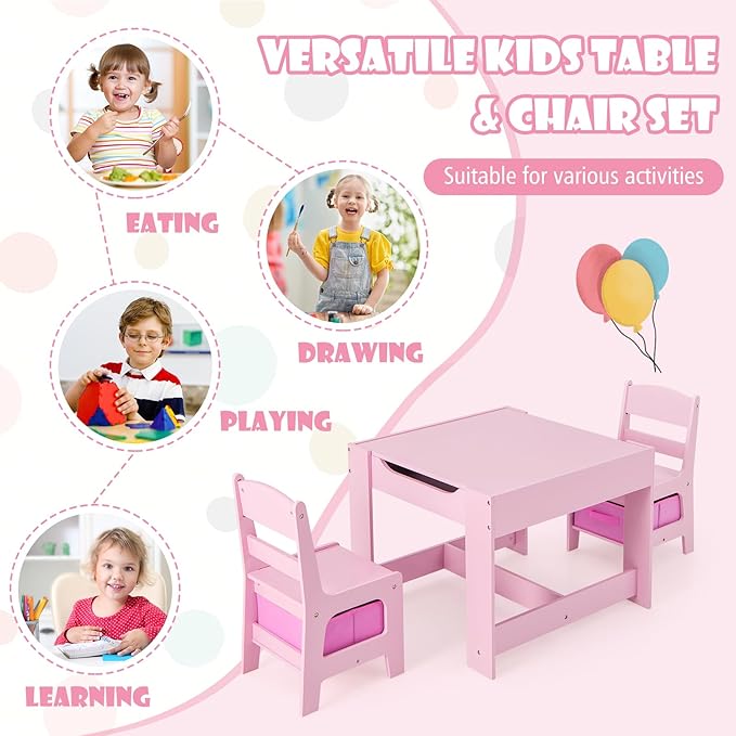 HONEY JOY Kids Table and Chairs, 3-in-1 Children Wooden Activity Set with Storage, Detachable Tabletop, for Art, Craft, Drawing, Reading, Gift for Toddlers Boys Girls 3-7 Years Old (Pink)