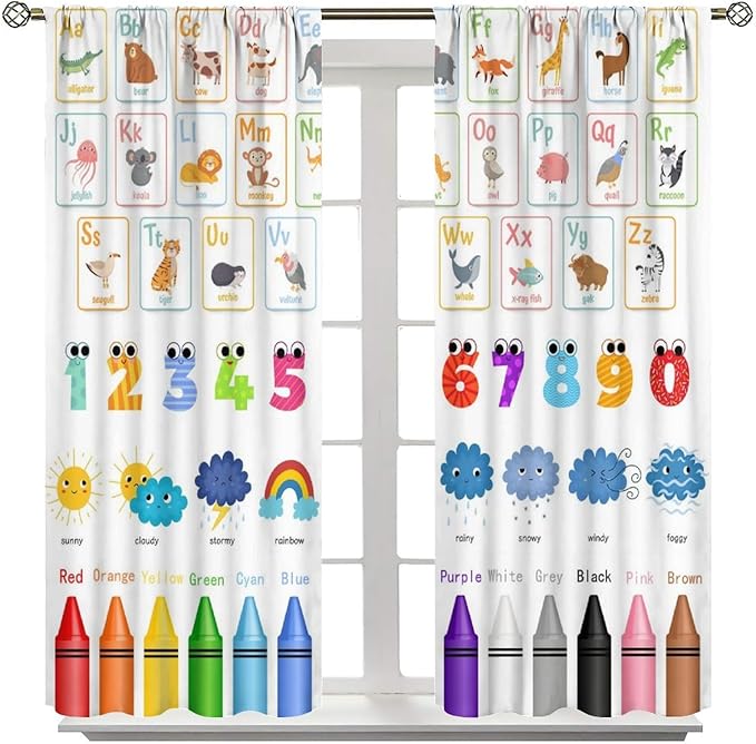 Kids Alphabet Curtains Cartoon Animal Funny Learning Colorful Educational Nursery Curtain with Rod Pocket for Bedroom Classroom Decor Drapes Window Treatments 2 Panels Set 42" W X 45" L