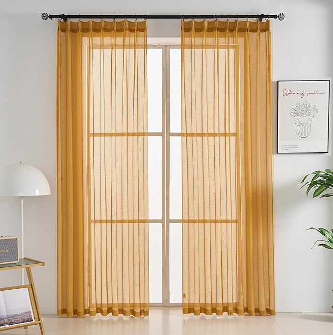 Mustard Gold Linen Look Pinch Pleated Sheer Curtains 90 Inches Long 2 Panels, 50 Inches Width, Rustic Textured Light Filtering Drapes, Vintage Yellow Window Curtain with Hooks