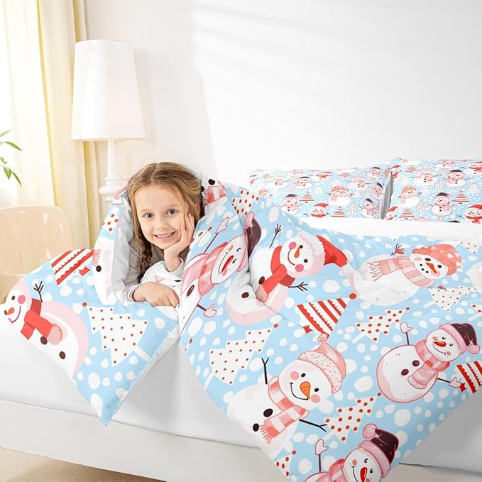 Manfei Christmas Comforter Set Twin Size, Snowman and Xmas Trees Bedding Set 2pcs for Kids Girls Adults Bedroom Decor, New Year Blue Down Comforter Soft Polyester Quilt Set with 1 Pillowcase