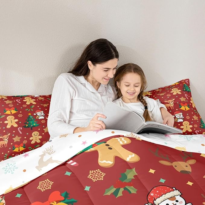 Feelyou Merry Christmas Comforter Set Full Size Gingerbread Man Bedding Set for Kids Boys Girls Cute Deer Duvet Quilt Christmas Tree Microfiber 3 Pcs with 2 Pillow Cases