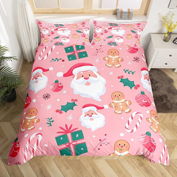 Feelyou Merry Christmas Bedding Set Gingerbread Man Duvet Cover for Kids Boys Girls Cookies Candy Comforter Cover Christmas Tree Bedspread Cover Bedroom Collection 2Pcs Toddler Size,No Comforter