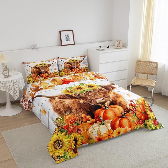 Autumn Theme King Size Comforter/Duvet Set,Highland Cattle Ultra Soft Bed Collection,Sunflower Pumpkin Maple Leaf Bedding for Room Decor 3 Pcs,Microfiber Breathable