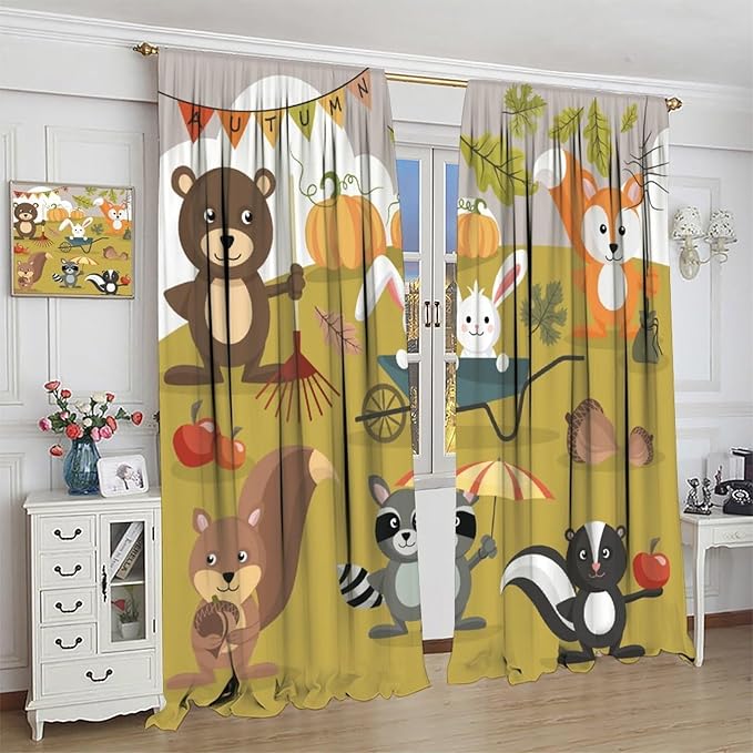 Cartoon Curtains, Jungle Animals Autumn Fun Pattern Blackout Window Treatments, Rod Pocket Thermal Insulated Drapes 2 Panel Sets for Children Boys Bedroom Nursery Classroom, 42" W X 54" L